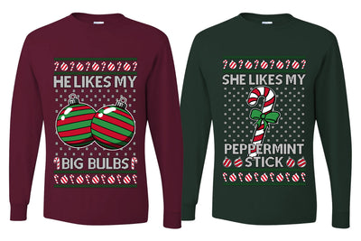 She Likes My Peppermint Stick, He Likes My Big Bulbs Sweater Girlfriend Boyfriend Gift His and Hers Matching Ugly Christmas Couple Long Sleeve Shirt