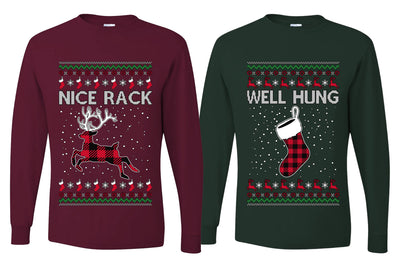 Nice Rack, Well Hung Sweater Girlfriend Boyfriend Gift His and Hers Matching Ugly Christmas Couple Long Sleeve Shirt