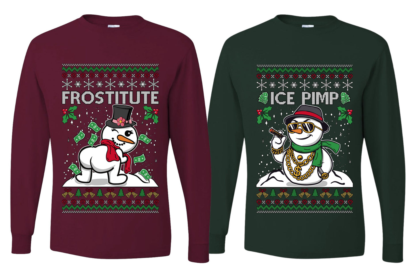 Frostitute Ice Pimp Snowmen Sweater Girlfriend Boyfriend Gift His and Hers Matching Ugly Christmas Couple Long Sleeve Shirt