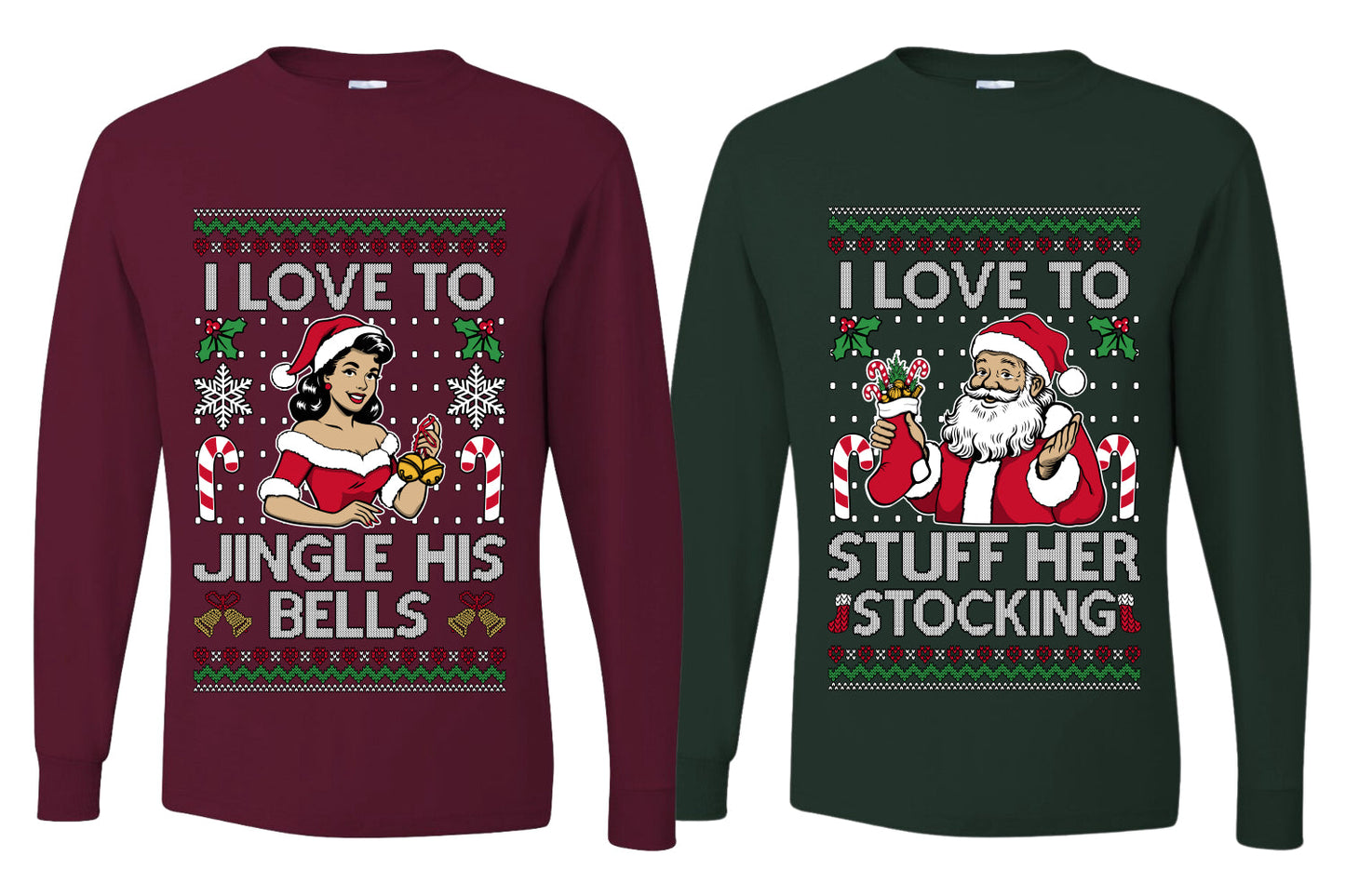 I Love To Stuff Her Stocking Jingle His Bells Sweater Girlfriend Boyfriend Gift His and Hers Matching Ugly Christmas Couple Long Sleeve Shirt