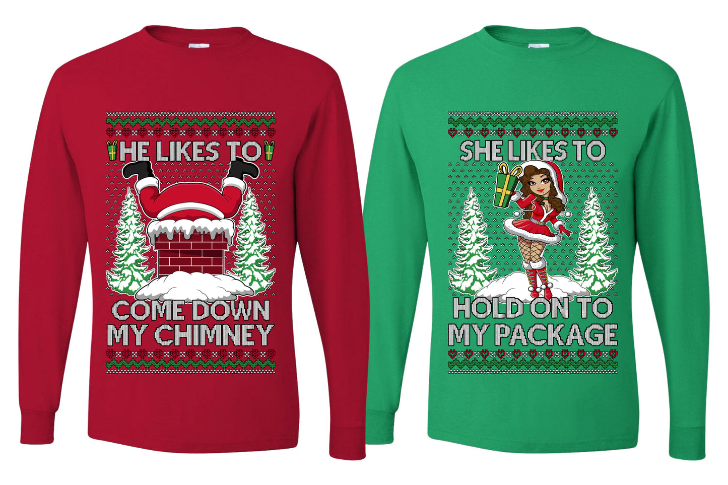 Come Down My Chimney Hold My Package Sweater Girlfriend Boyfriend Gift His and Hers Matching Ugly Christmas Couple Long Sleeve Shirt