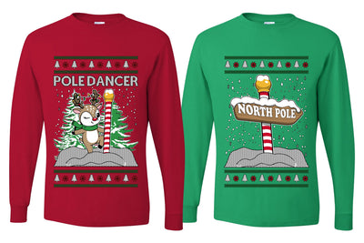 North Pole, Pole Dancer Sweater Girlfriend Boyfriend Gift His and Hers Matching Ugly Christmas Couple Long Sleeve Shirt