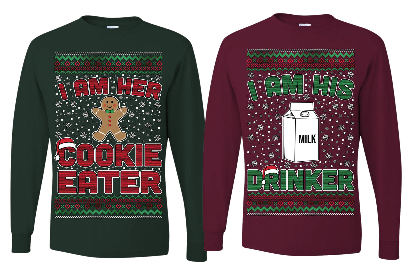 Cookie Eater, Milk Drinker Funny Couples Shirt Girlfriend Boyfriend Gift His and Hers Matching Ugly Christmas Couple Long Sleeve Shirt