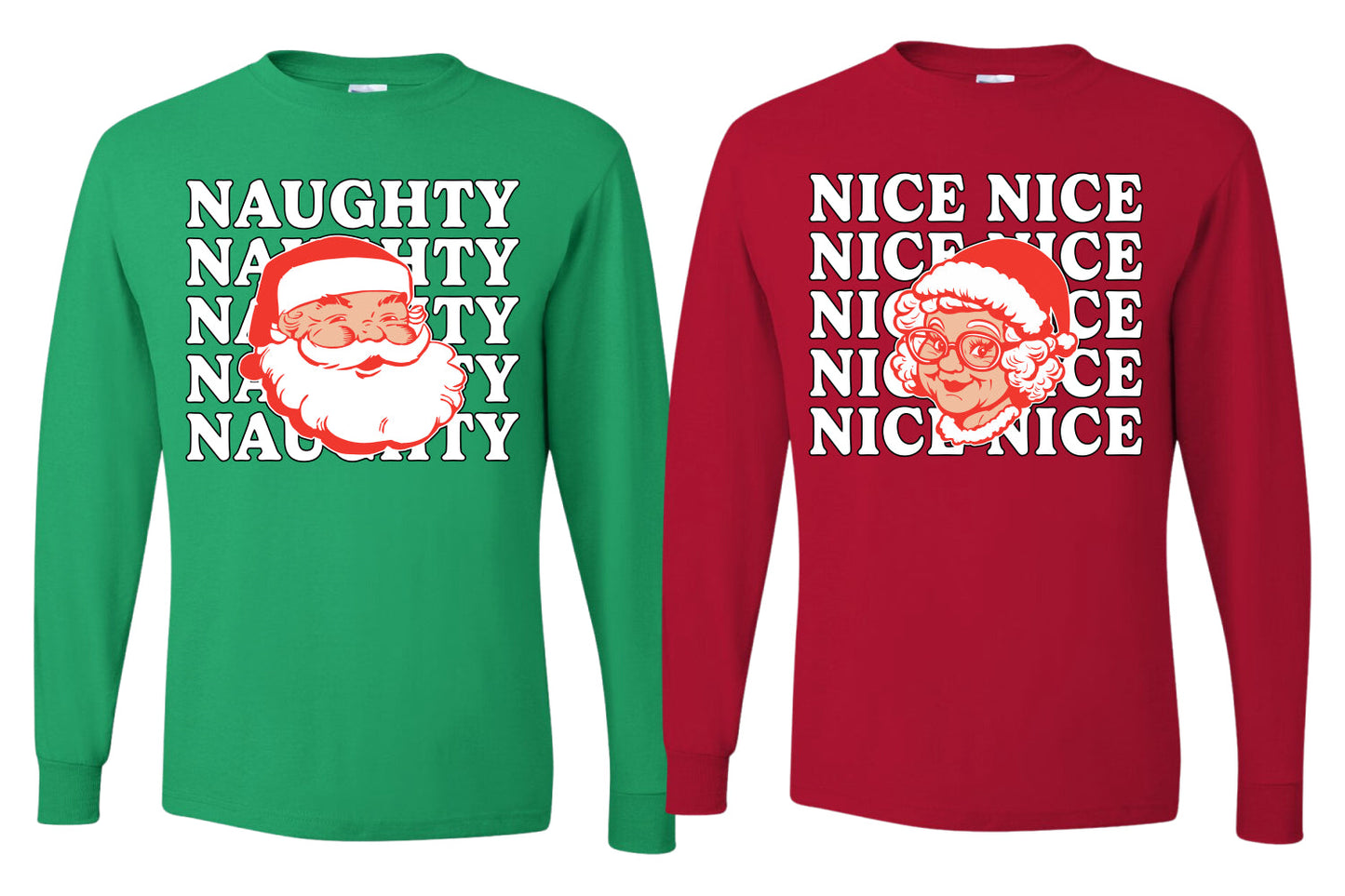 Naughty, Nice Santa Claus Mrs Claus Couples Shirt Girlfriend Boyfriend Gift His and Hers Matching Ugly Christmas Couple Long Sleeve Shirt