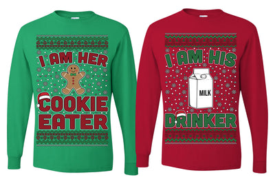 Cookie Eater, Milk Drinker Funny Couples Shirt Girlfriend Boyfriend Gift His and Hers Matching Ugly Christmas Couple Long Sleeve Shirt
