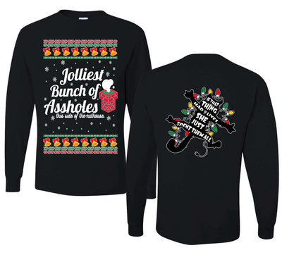 Jolliest Bunch of Assholes Xmas Movie Ugly Christmas Front and Back Sweater Mens Long Sleeve Shirt