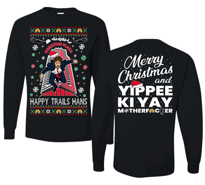 Nakatomi Plaza Happy Trails Hans Ugly Christmas Front and Back Sweater Mens Long Sleeve Shirt