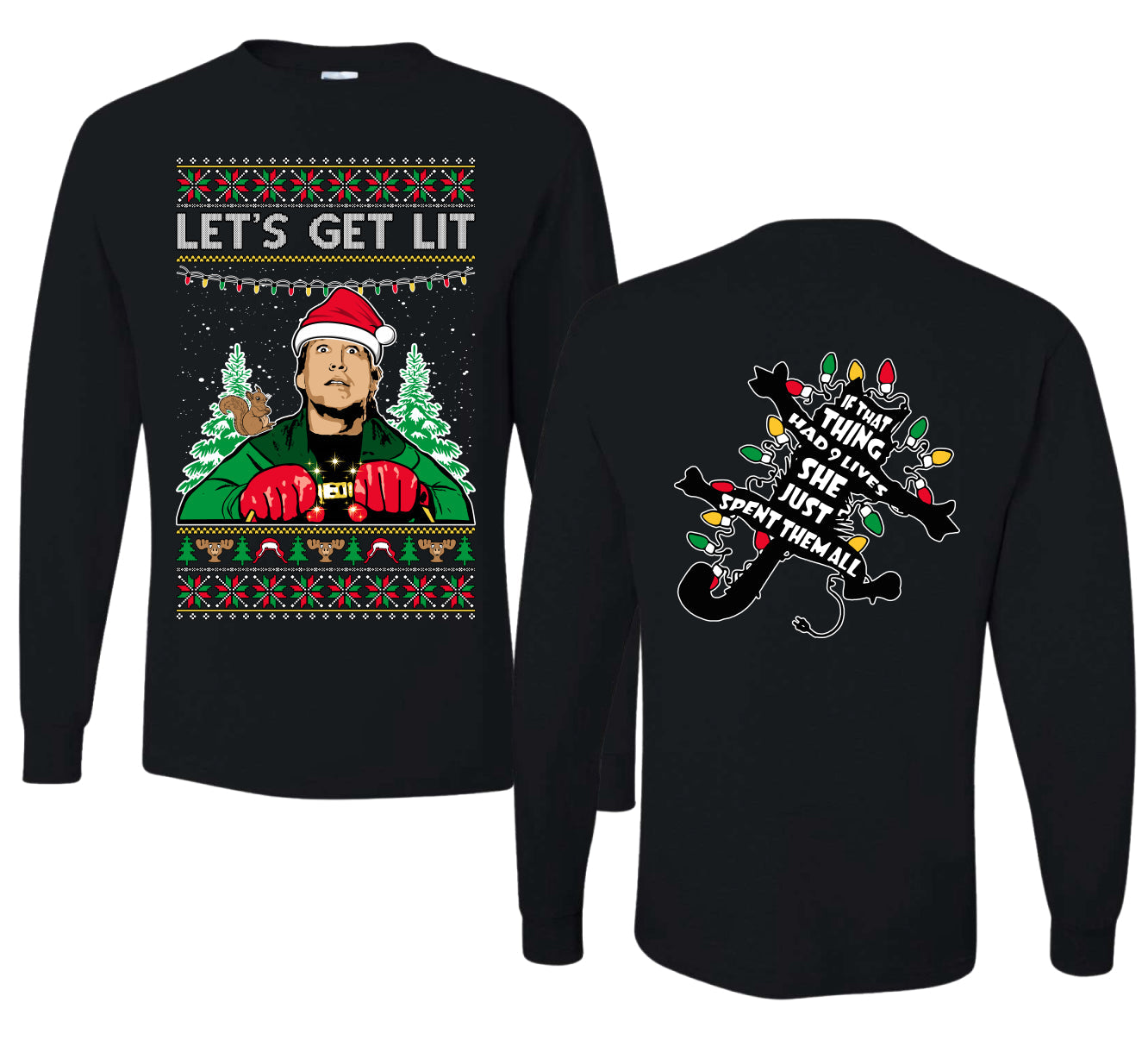 Let's Get Lit Clark Vacation Movie Parody Ugly Christmas Front and Back Sweater Mens Long Sleeve Shirt