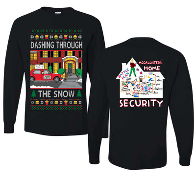 Dashing Through The Snow Classic 90s Holiday Movie Front and Back Unisex Ugly Christmas Sweater Mens Long Sleeve Shirt