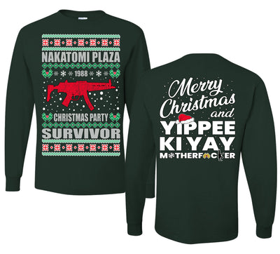 Christmas Party Survivor Nakatomi Plaza 1988 Ugly Christmas Front and Back Sweater Mens Long Sleeve Shirt