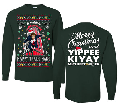 Nakatomi Plaza Happy Trails Hans Ugly Christmas Front and Back Sweater Mens Long Sleeve Shirt