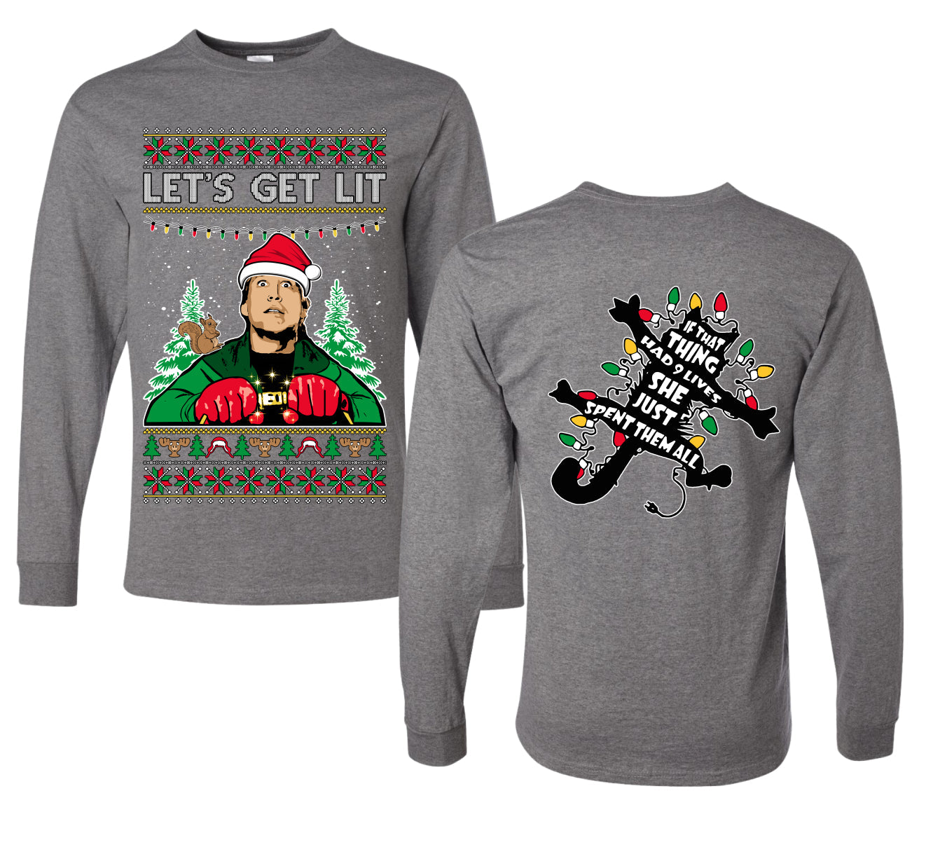 Let's Get Lit Clark Vacation Movie Parody Ugly Christmas Front and Back Sweater Mens Long Sleeve Shirt