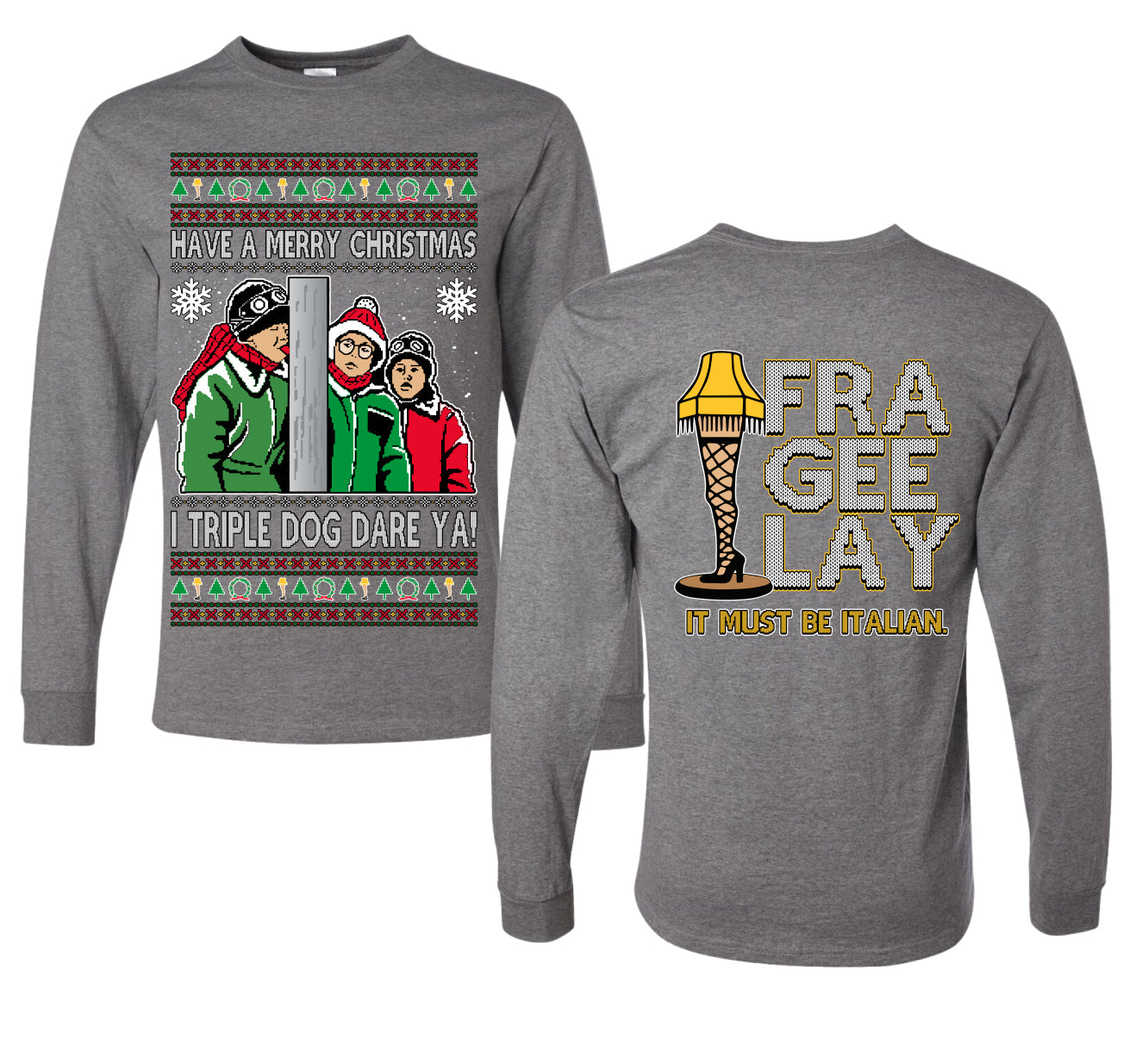 I Triple Dog Dare Ya Merry Story Ugly Christmas Front and Back Sweater Mens Long Sleeve Shirt