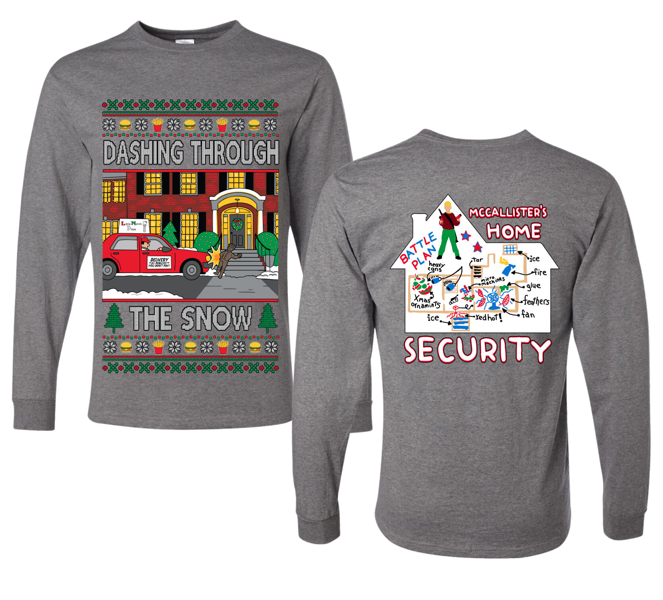 Dashing Through The Snow Classic 90s Holiday Movie Front and Back Unisex Ugly Christmas Sweater Mens Long Sleeve Shirt