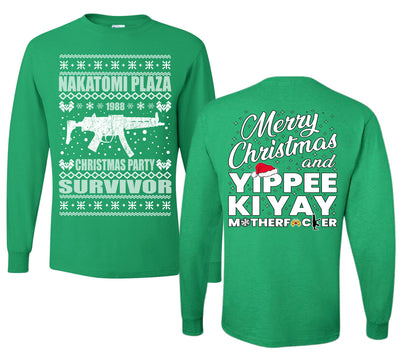 Nakatomi Plaza Christmas Party Survivor 1988 Ugly Christmas Front and Back Sweater Mens Long Sleeve Shirt
