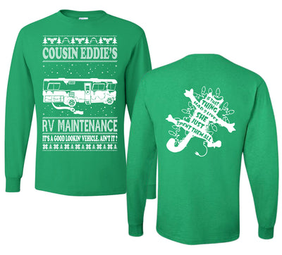 Family Vacation Cousin Eddie's RV Maintenance Ugly Christmas Front and Back Sweater Mens Long Sleeve Shirt