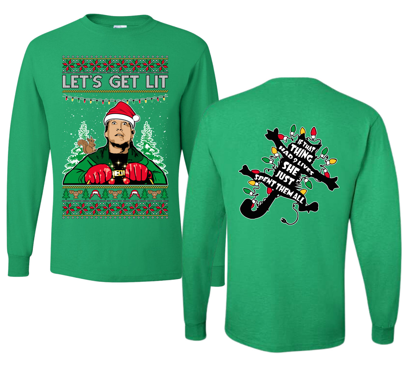 Let's Get Lit Clark Vacation Movie Parody Ugly Christmas Front and Back Sweater Mens Long Sleeve Shirt