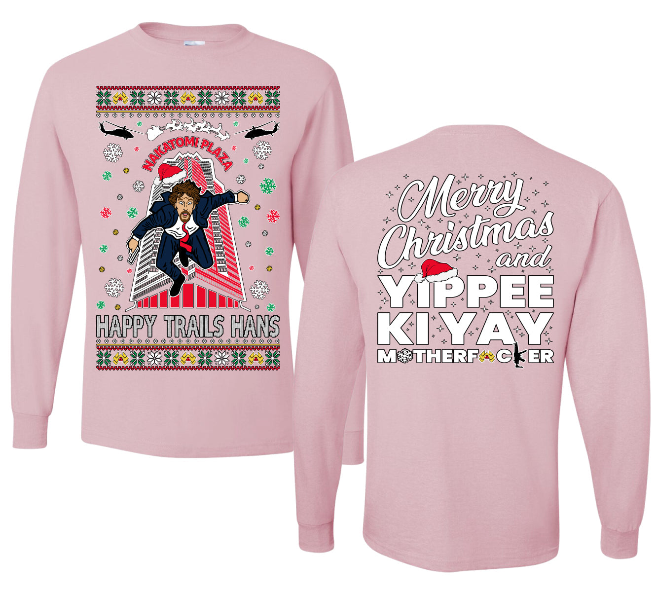 Nakatomi Plaza Happy Trails Hans Ugly Christmas Front and Back Sweater Mens Long Sleeve Shirt