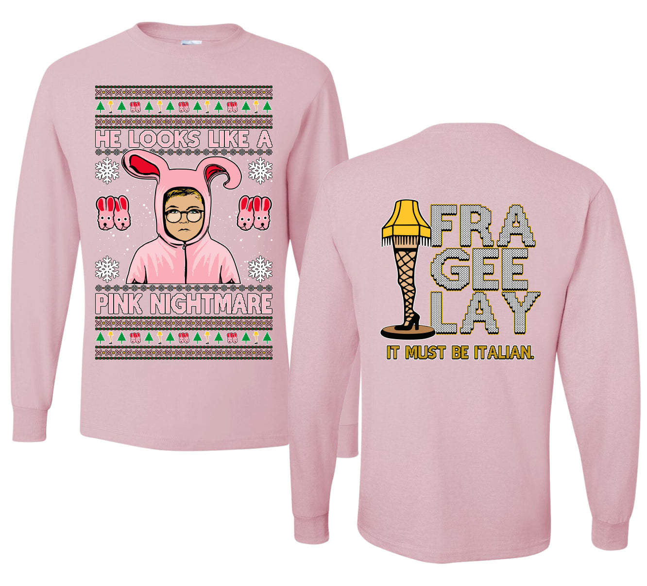 He Looks Like A Pink Nightmare Story Ugly Christmas Front and Back Sweater Mens Long Sleeve Shirt