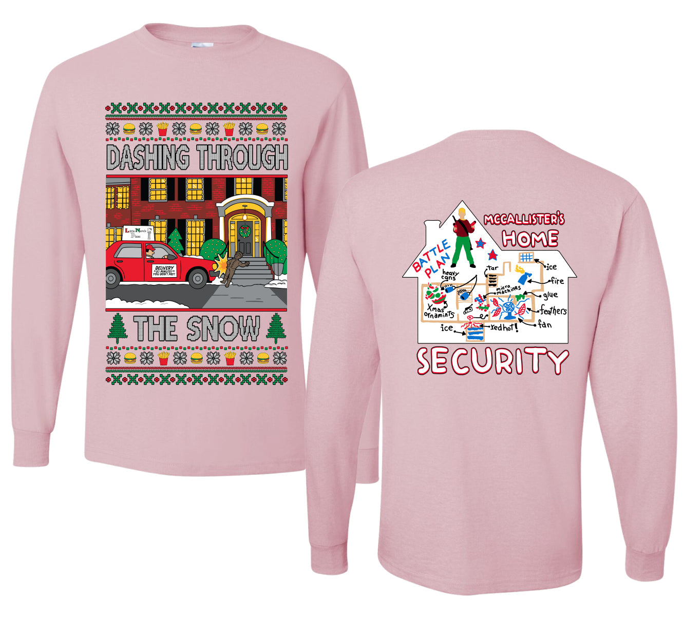 Dashing Through The Snow Classic 90s Holiday Movie Front and Back Unisex Ugly Christmas Sweater Mens Long Sleeve Shirt