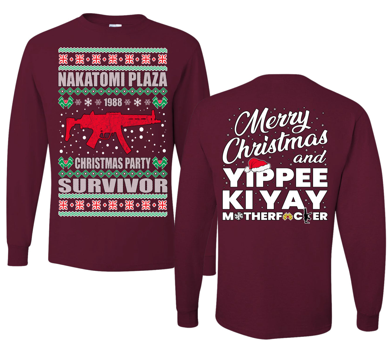 Christmas Party Survivor Nakatomi Plaza 1988 Ugly Christmas Front and Back Sweater Mens Long Sleeve Shirt