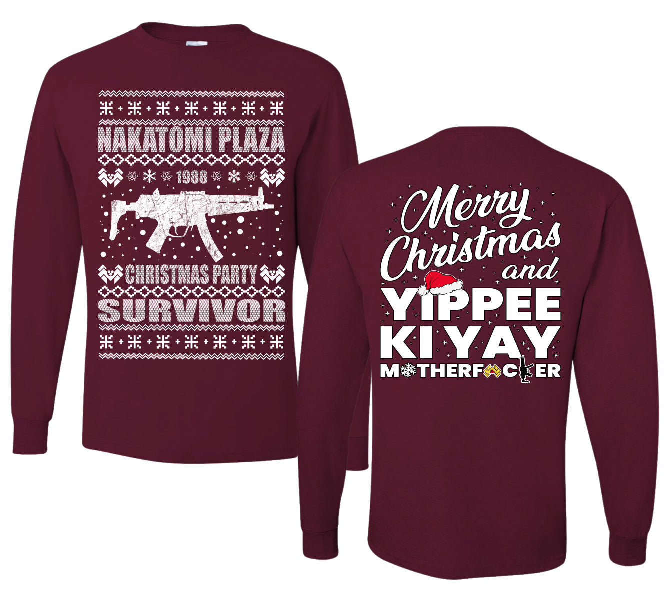 Nakatomi Plaza Christmas Party Survivor 1988 Ugly Christmas Front and Back Sweater Mens Long Sleeve Shirt
