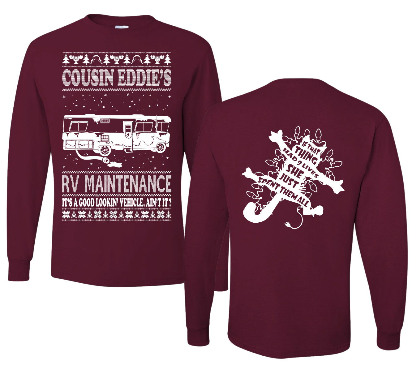 Family Vacation Cousin Eddie's RV Maintenance Ugly Christmas Front and Back Sweater Mens Long Sleeve Shirt