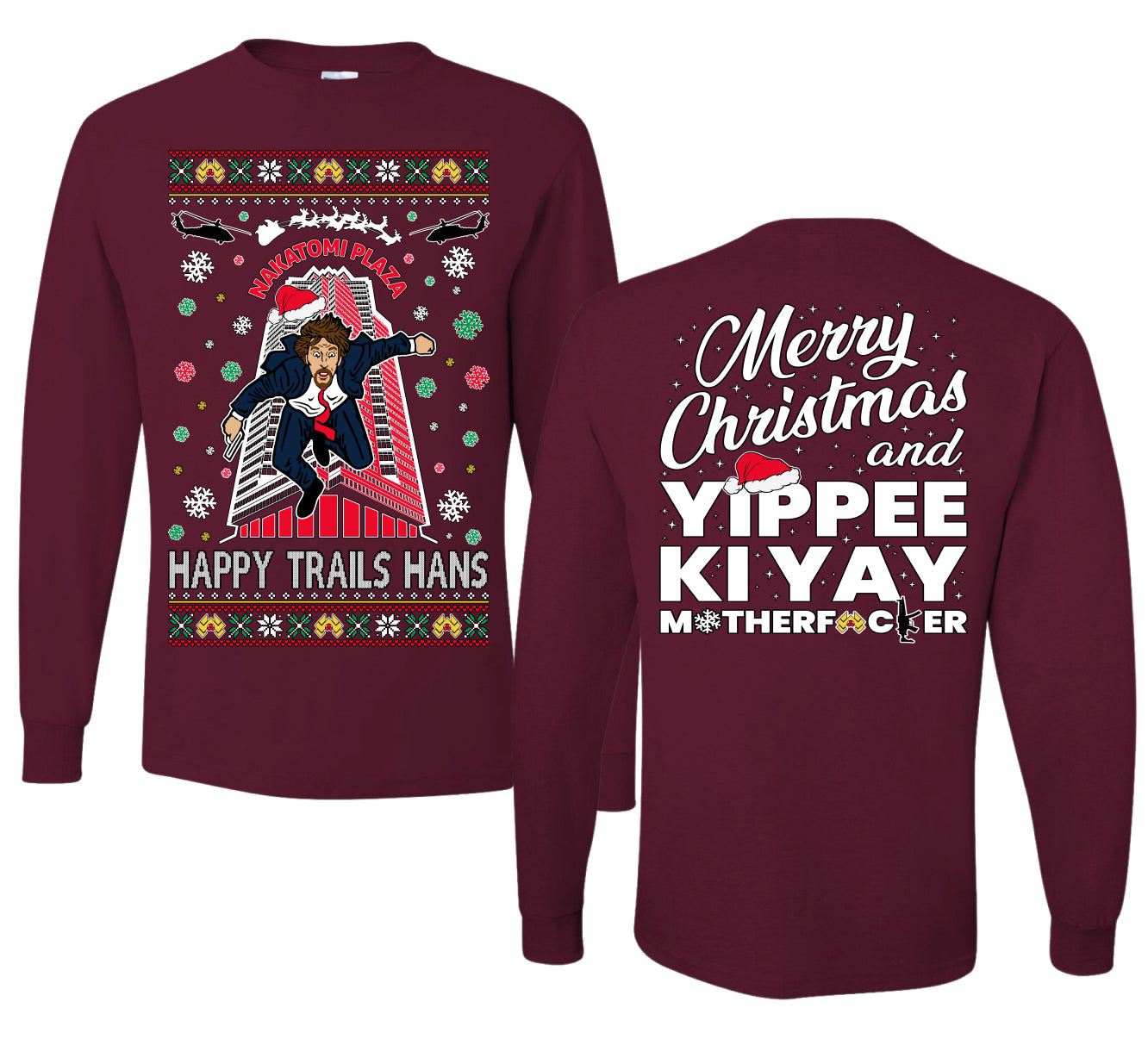 Nakatomi Plaza Happy Trails Hans Ugly Christmas Front and Back Sweater Mens Long Sleeve Shirt