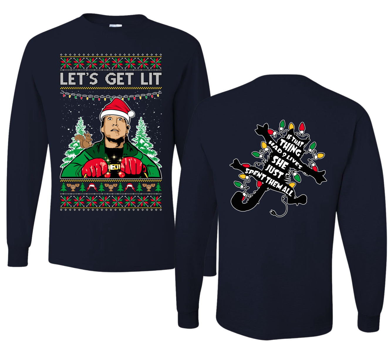 Let's Get Lit Clark Vacation Movie Parody Ugly Christmas Front and Back Sweater Mens Long Sleeve Shirt