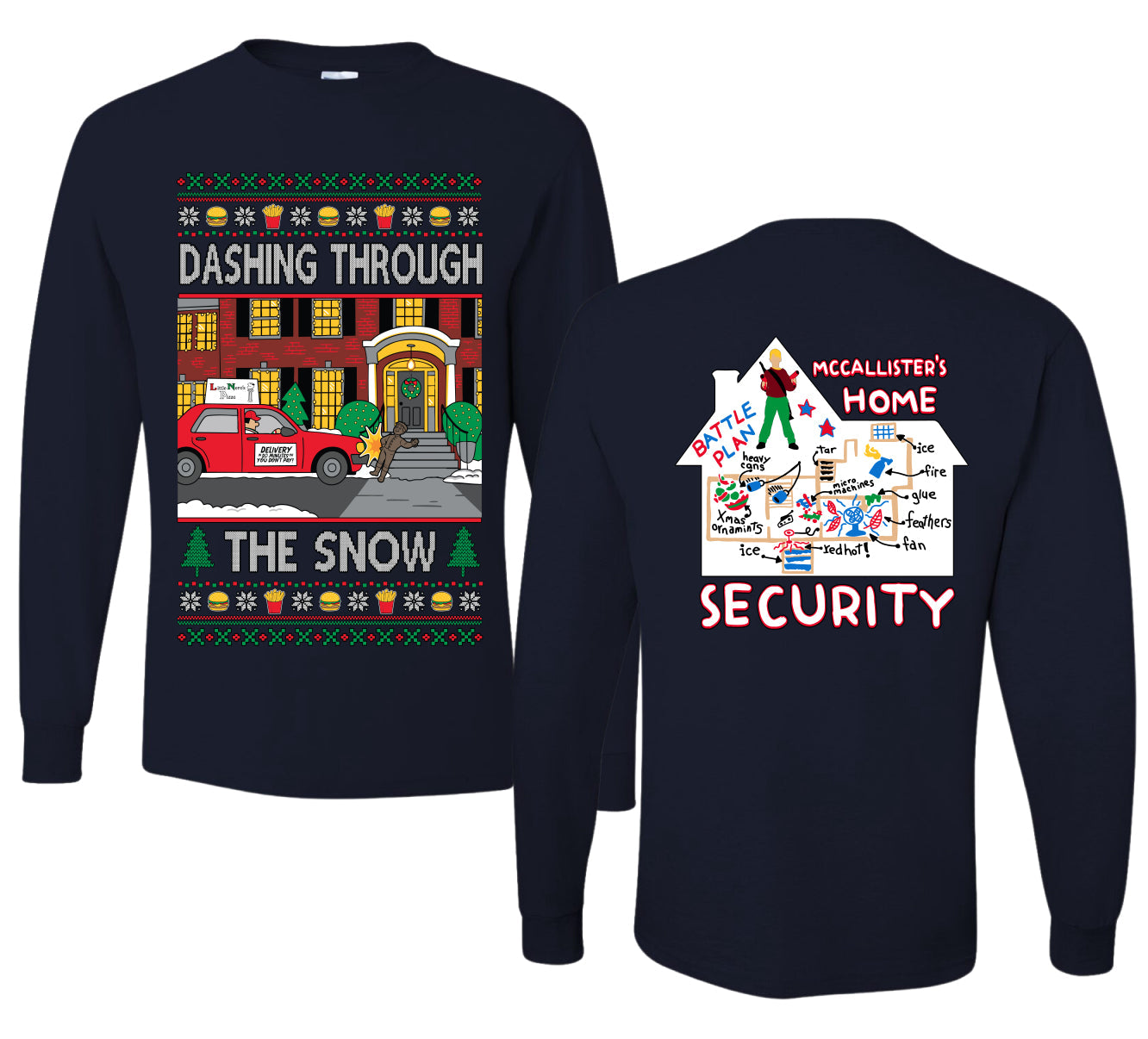 Dashing Through The Snow Classic 90s Holiday Movie Front and Back Unisex Ugly Christmas Sweater Mens Long Sleeve Shirt
