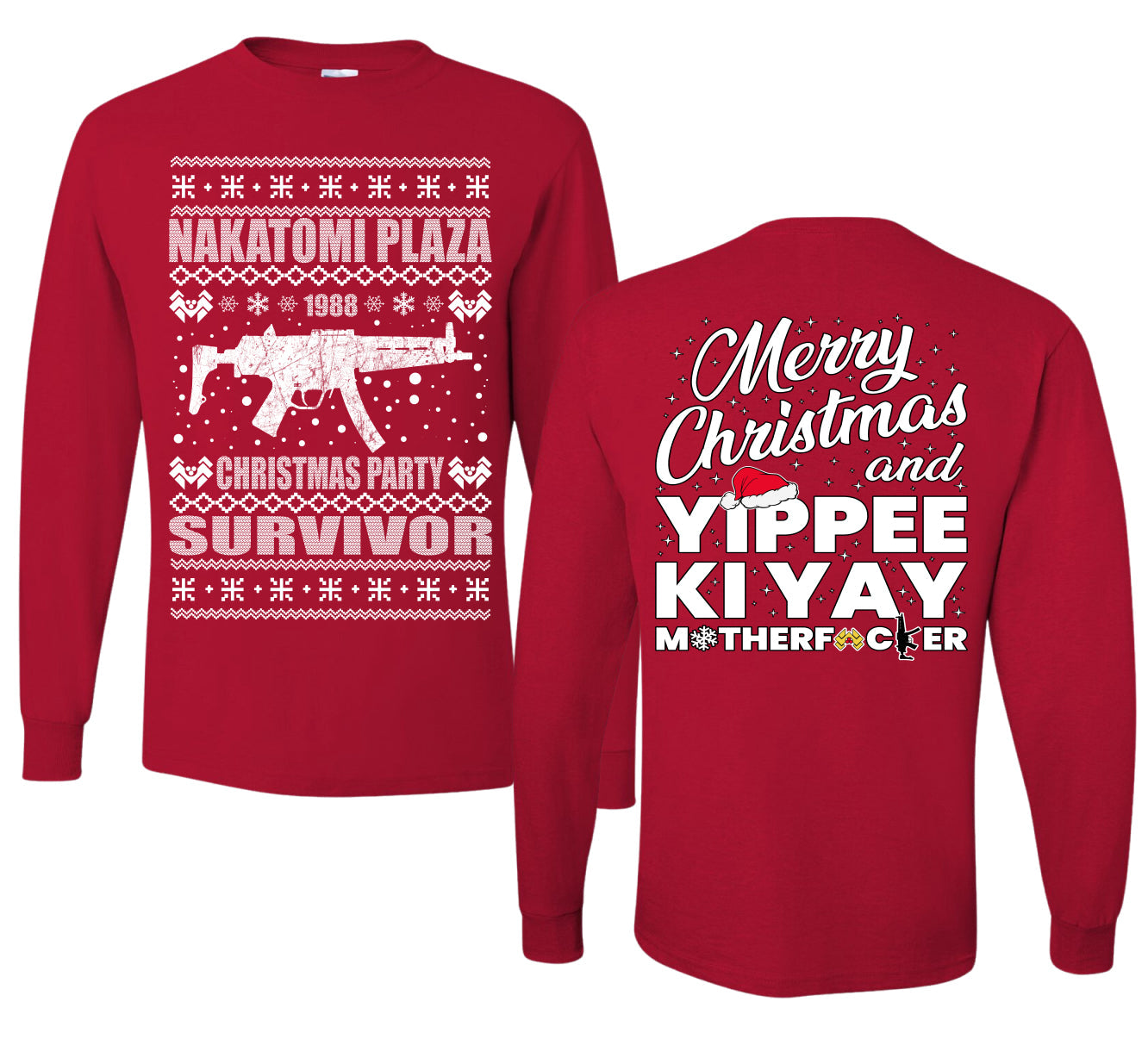 Nakatomi Plaza Christmas Party Survivor 1988 Ugly Christmas Front and Back Sweater Mens Long Sleeve Shirt