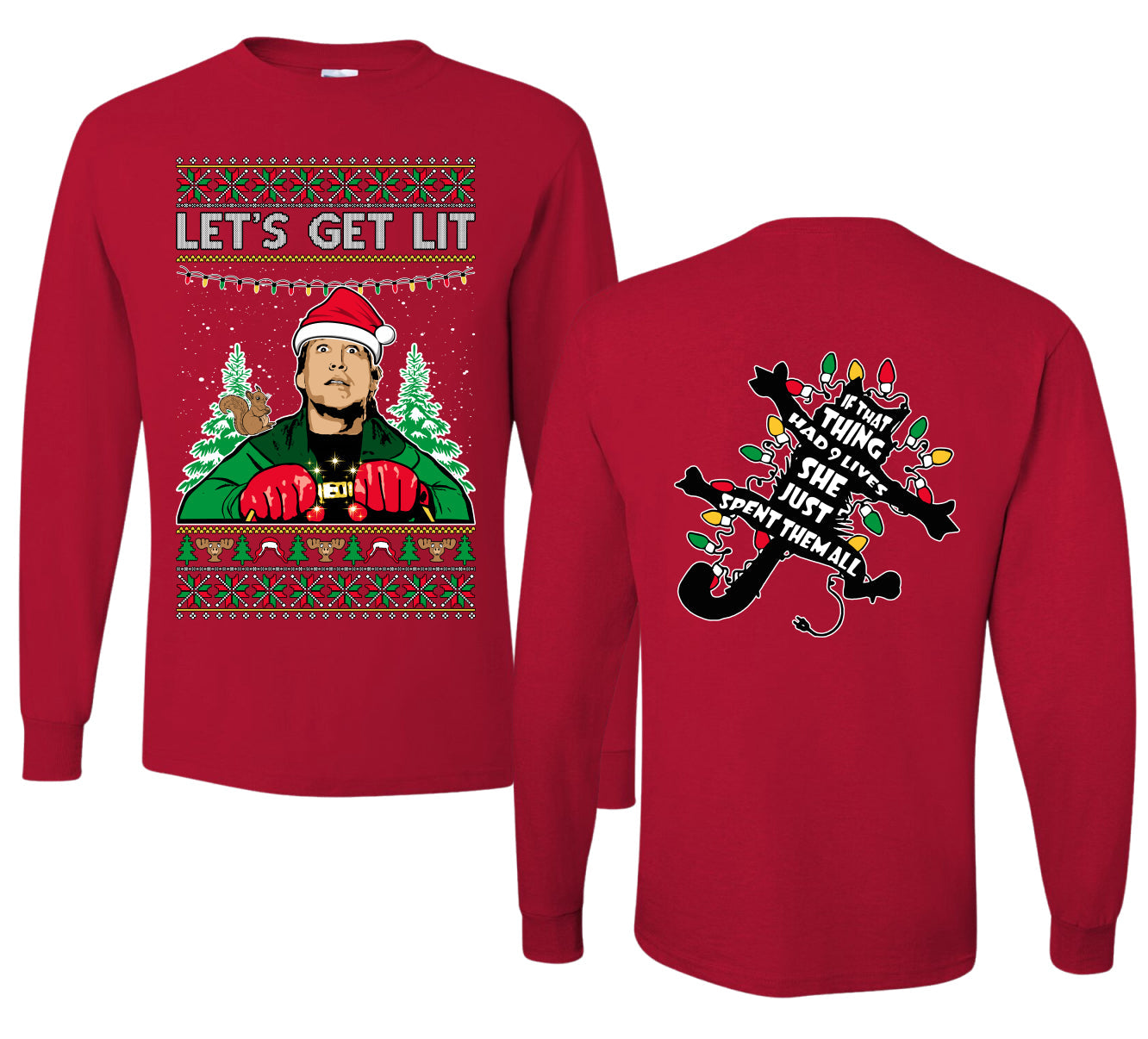 Let's Get Lit Clark Vacation Movie Parody Ugly Christmas Front and Back Sweater Mens Long Sleeve Shirt