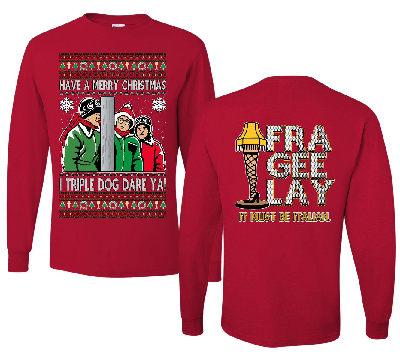 I Triple Dog Dare Ya Merry Story Ugly Christmas Front and Back Sweater Mens Long Sleeve Shirt