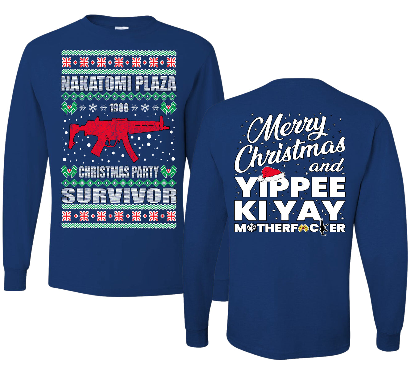 Christmas Party Survivor Nakatomi Plaza 1988 Ugly Christmas Front and Back Sweater Mens Long Sleeve Shirt