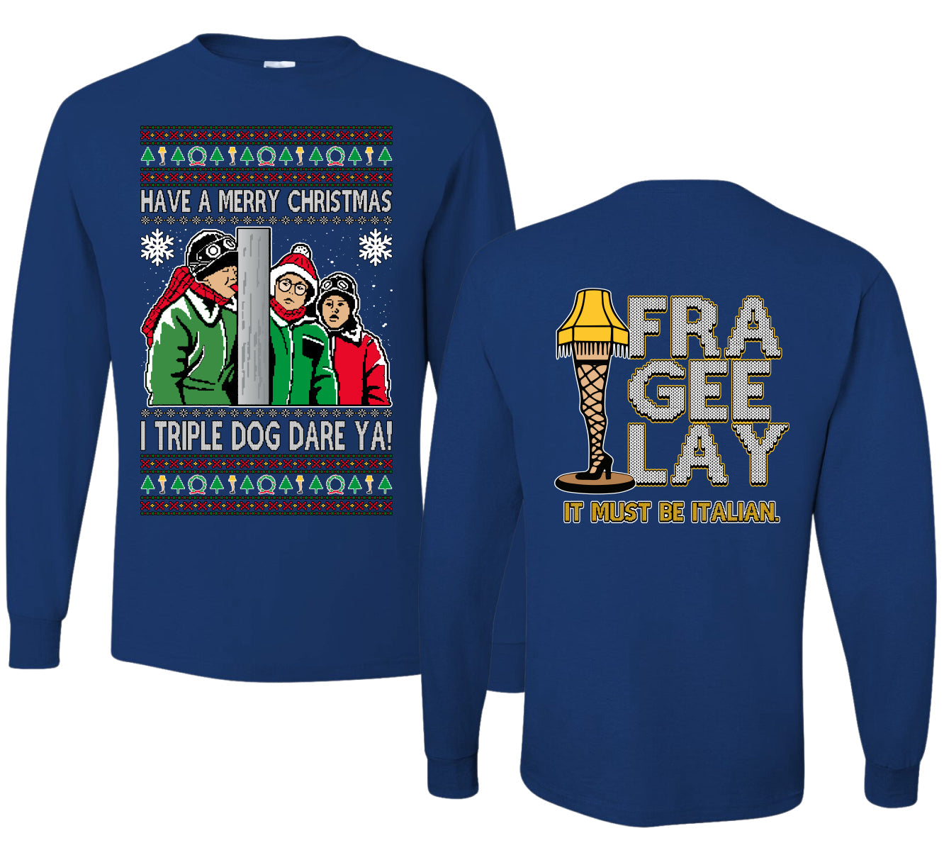 I Triple Dog Dare Ya Merry Story Ugly Christmas Front and Back Sweater Mens Long Sleeve Shirt