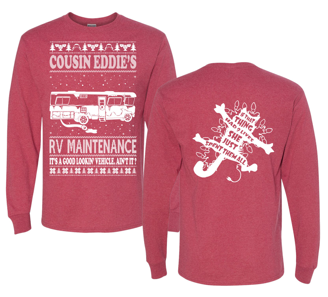 Family Vacation Cousin Eddie's RV Maintenance Ugly Christmas Front and Back Sweater Mens Long Sleeve Shirt