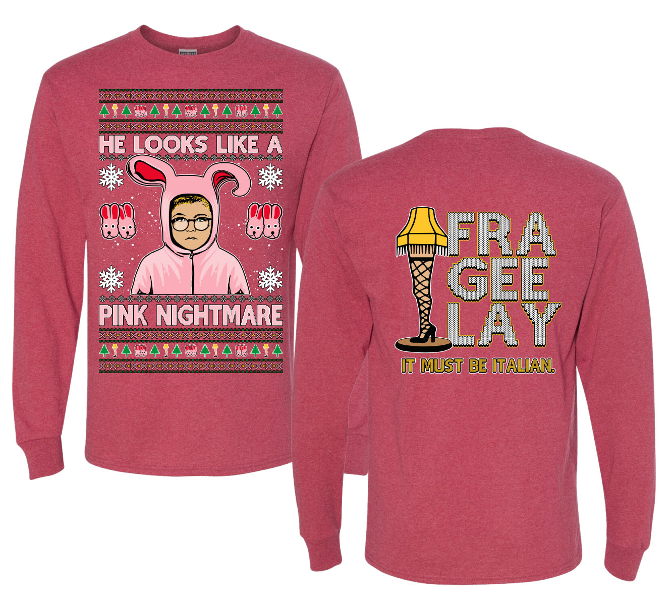 He Looks Like A Pink Nightmare Story Ugly Christmas Front and Back Sweater Mens Long Sleeve Shirt