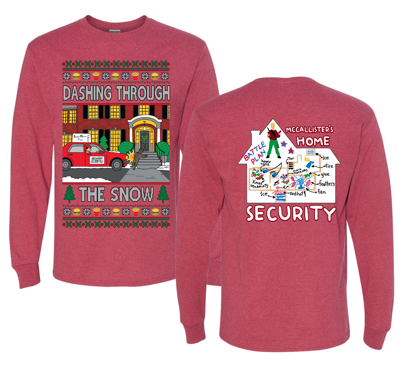 Dashing Through The Snow Classic 90s Holiday Movie Front and Back Unisex Ugly Christmas Sweater Mens Long Sleeve Shirt