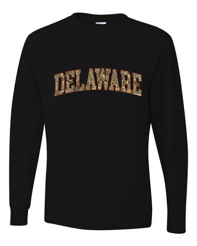 Delaware  Camo Fill Orange Outline Sweater, Unisex Mens Long Sleeve Shirt