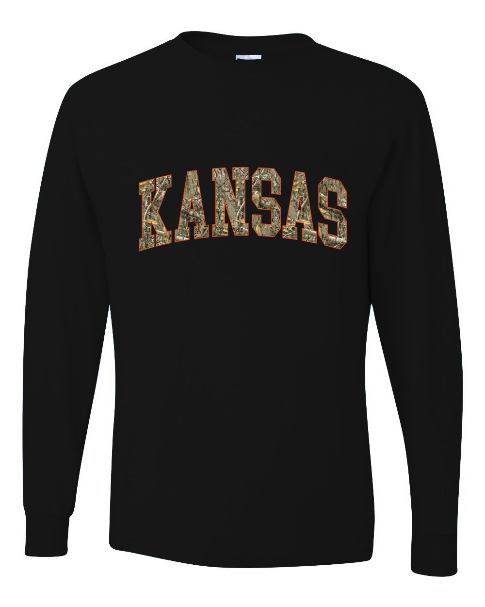 Kansas  Camo Fill Orange Outline Sweater, Unisex Mens Long Sleeve Shirt
