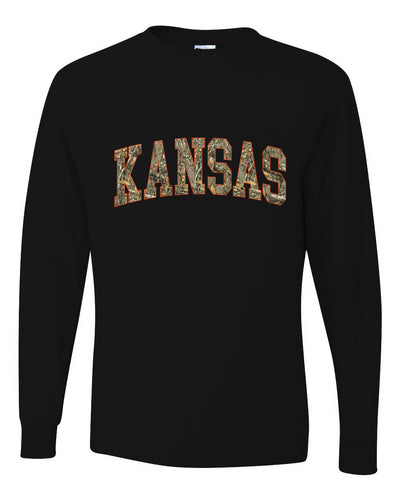 Kansas  Camo Fill Orange Outline Sweater, Unisex Mens Long Sleeve Shirt