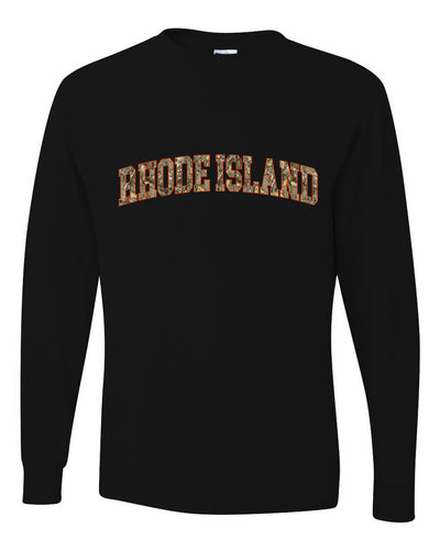 Rhode Island  Camo Fill Orange Outline Sweater, Unisex Mens Long Sleeve Shirt