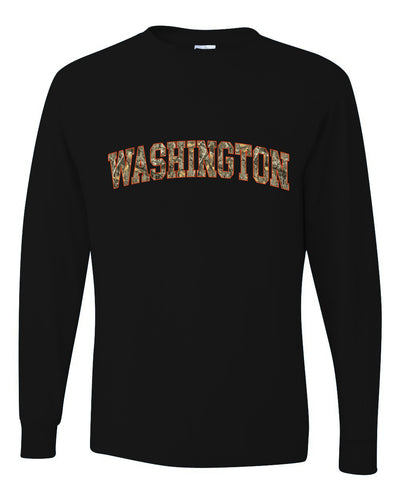 Washington  Camo Fill Orange Outline Sweater, Unisex Mens Long Sleeve Shirt