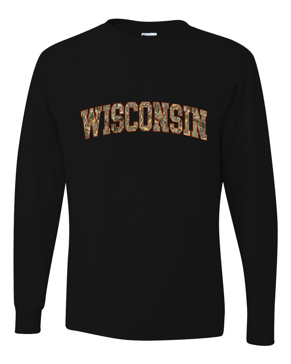 Wisconsin  Camo Fill Orange Outline Sweater, Unisex Mens Long Sleeve Shirt