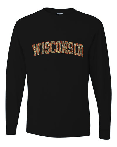 Wisconsin  Camo Fill Orange Outline Sweater, Unisex Mens Long Sleeve Shirt