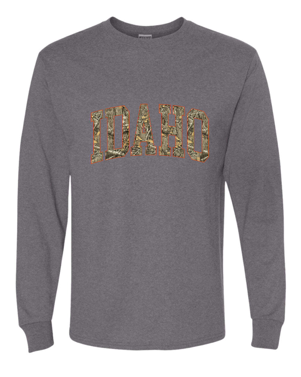 Idaho  Camo Fill Orange Outline Sweater, Unisex Mens Long Sleeve Shirt