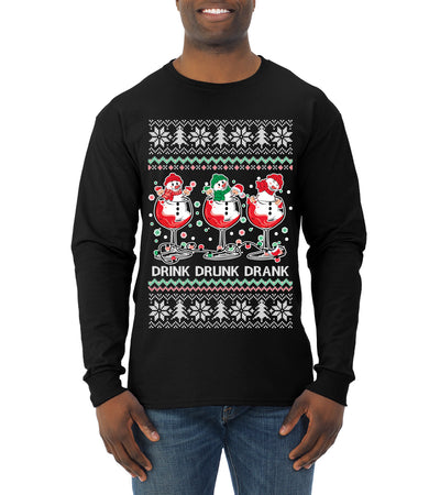 Holiday Spirits Drink Drank Drunk Snowmen Ugly Christmas Sweater Mens Long Sleeve Shirt