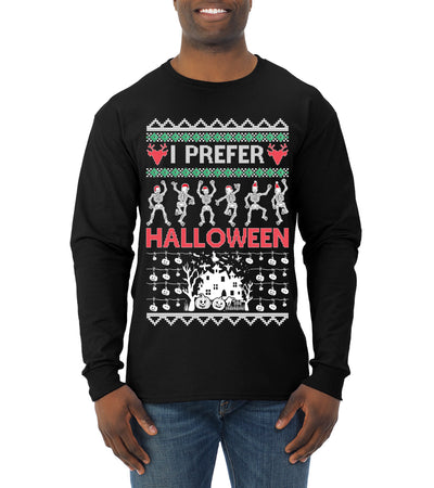 I Prefer Halloween Dancing Skeletons Ugly Christmas Sweater Mens Long Sleeve Shirt