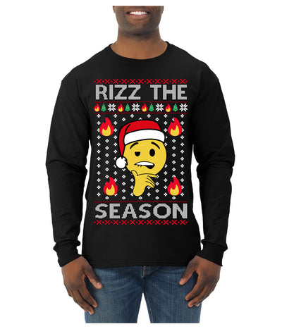Rizz the Season Viral Internet Fire Emoji Face Meme Ugly Christmas Sweater Mens Long Sleeve Shirt
