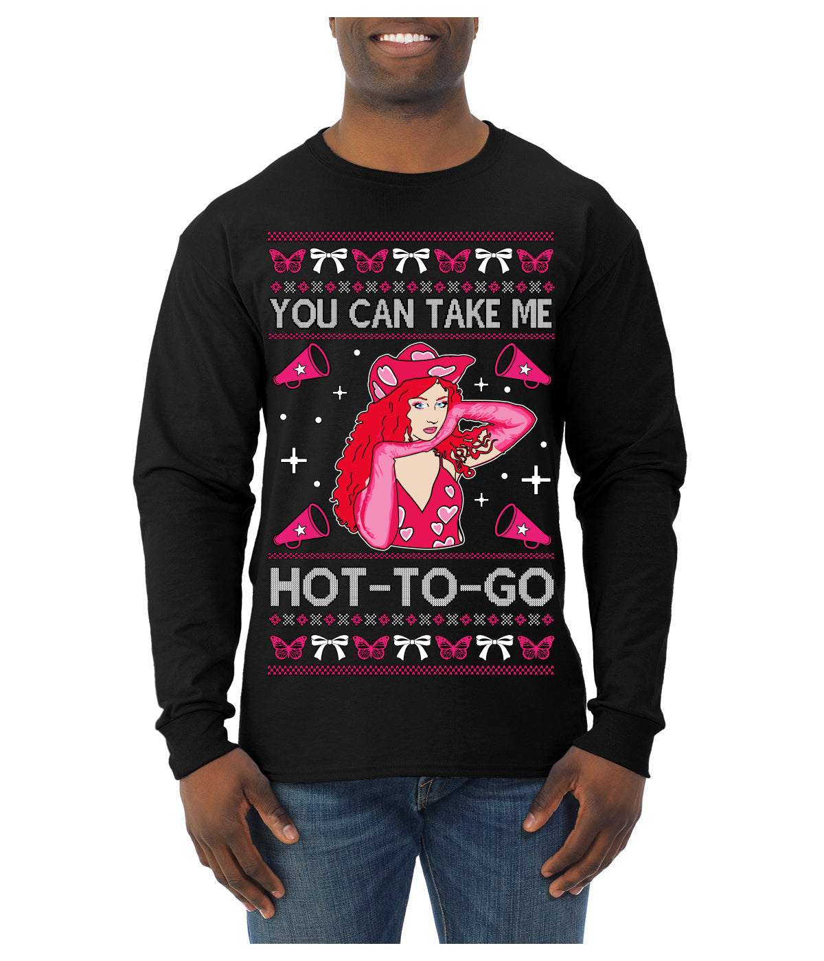 You Can Take Me Hot to Go, Funny Midwest Princess Pop Star Ugly Christmas Sweater Mens Long Sleeve Shirt